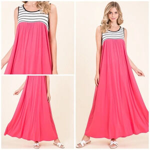 NWT bombom boutique Maxi tank dress high waisted contrast stripes hot pink